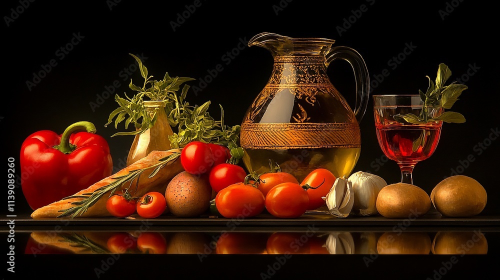 Still life of Mediterranean food tomatoes, peppers, garlic, bread, olives, and wine. Still life of Mediterranean food tomatoes, peppers, garlic, bread, olives, and wine.