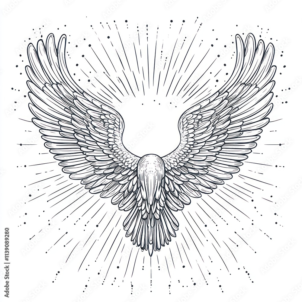 Obraz premium Majestic eagle with outstretched wings and sunburst.