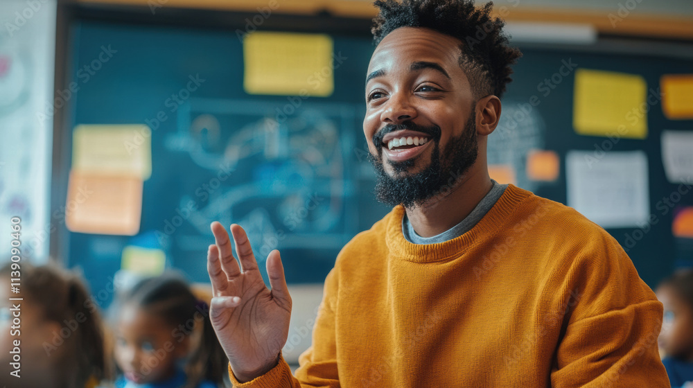Teacher engaging students with smile in classroom setting Teacher engaging students with smile in classroom setting