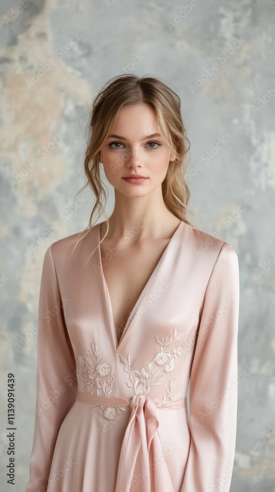 Naklejka premium Graceful young woman with soft features wearing an elegant pink silk dress adorned with delicate floral embroidery, standing against a textured neutral background