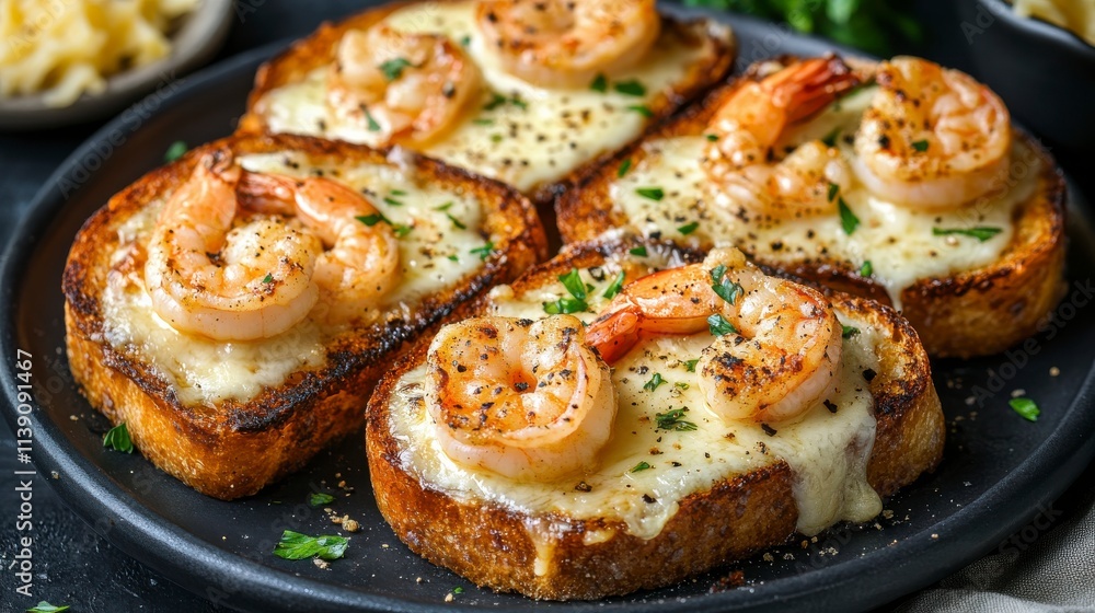 Delicious Shrimp Toast with Melted Cheese and Fresh Herbs Served on a Dark Plate, Perfect for Gourmet Meals and Elegant Dinner Parties Delicious Shrimp Toast with Melted Cheese and Fresh Herbs Served on a Dark Plate, Perfect for Gourmet Meals and Elegant Dinner Parties