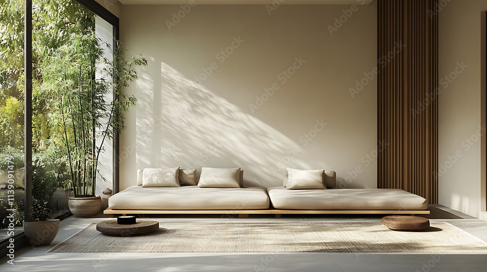 Living room with clean lines, potted bamboo plants, and a low-profile sofa Living room with clean lines, potted bamboo plants, and a low-profile sofa