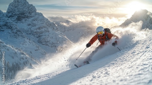 Skier carving through powder in majestic mountain landscape