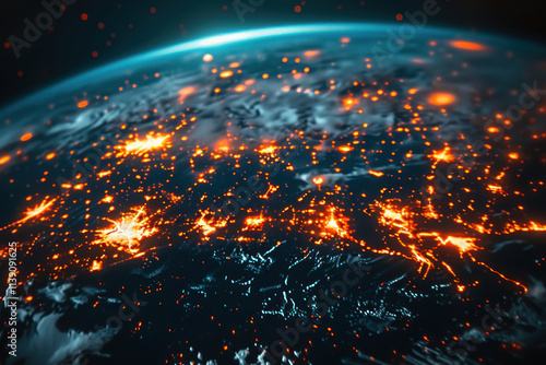 an image of the Earth from space, with major urban centers and the networks associated with them represented as glowing nodes and connections creating a network structure over a dark background.   photo