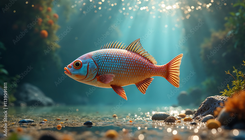 Fototapeta premium A stunning scene of fish swimming through lush tropical plants in crystal-clear river water, highlighting the natural beauty of the freshwater environment.