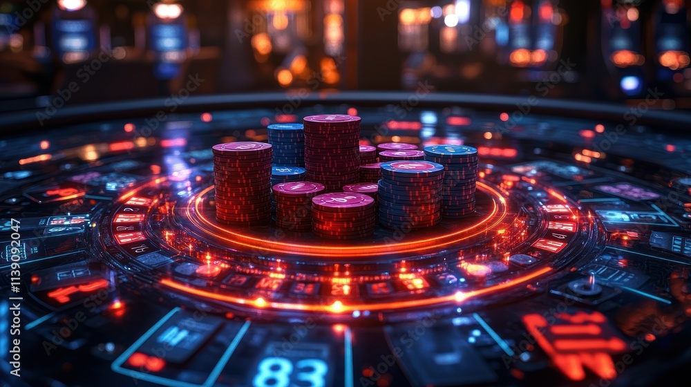 Obraz premium Futuristic casino roulette wheel with glowing red and blue chips.