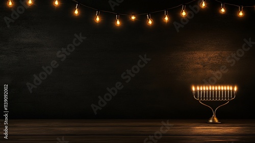 Menorah with lit candles on dark background. photo