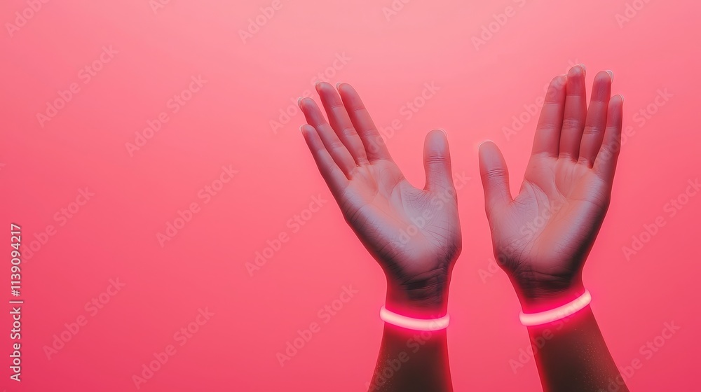 Two hands raised against a vibrant pink background, adorned with glowing wristbands, creating a striking visual contrast. Two hands raised against a vibrant pink background, adorned with glowing wristbands, creating a striking visual contrast.