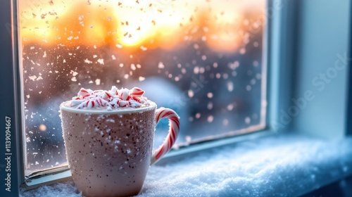 Cozy winter scene with peppermint hot chocolate