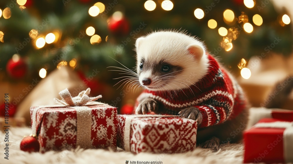 Festive ferret in a cozy sweater by presents Festive ferret in a cozy sweater by presents