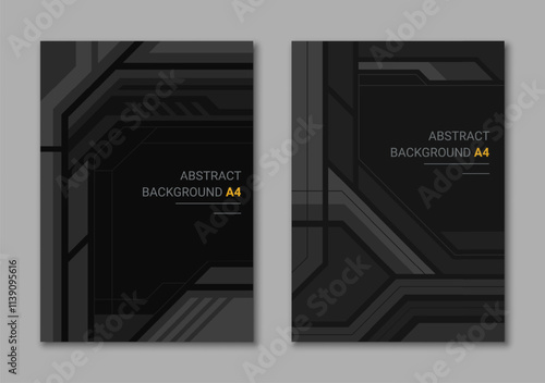 Abstract tech monochrome set of backgrounds for vertical A4. Black and gray geometric brochure cover.