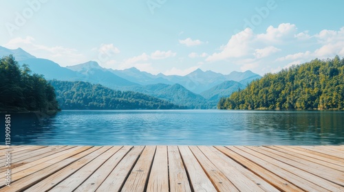 Fototapeta Naklejka Na Ścianę i Meble -  Tranquil wooden deck overlooking serene lake and mountains nature photography outdoor environment wide view