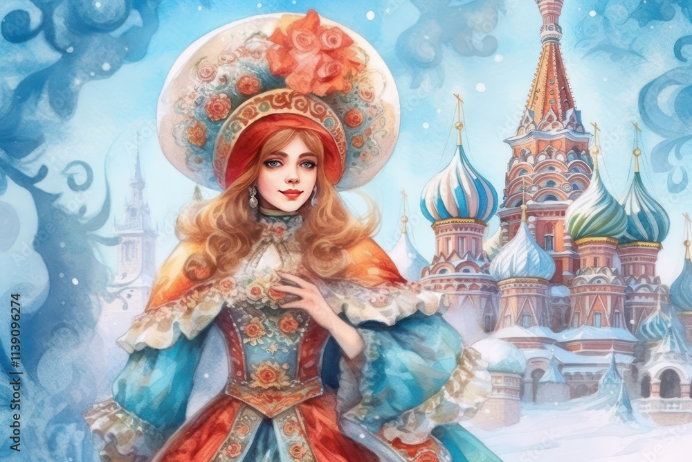 a woman is captured in a luxurious Russian folk outfit Her kokoshnik is decorated with floral patterns, which is in harmony with the festive atmosphere of Maslenitsa. a woman is captured in a luxurious Russian folk outfit Her kokoshnik is decorated with floral patterns, which is in harmony with the festive atmosphere of Maslenitsa.
