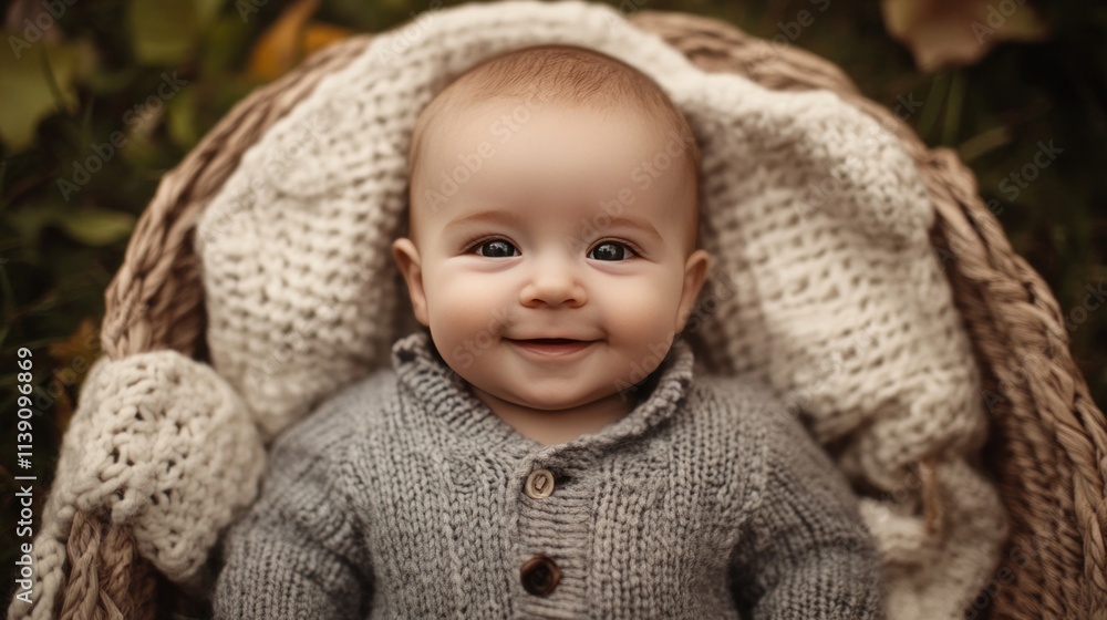 Happy baby in knitted cardigan lying in basket. Happy baby in knitted cardigan lying in basket.