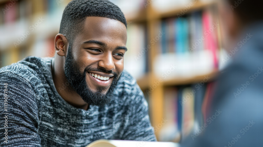 smiling man engages in discussion while studying in library smiling man engages in discussion while studying in library