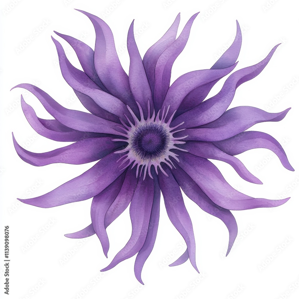 Fototapeta premium Purple Flower Blossom, Watercolor Painting of a Vibrant Clematis, Isolated on White Background Cutout