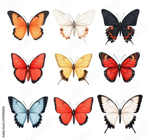 Collection of Nine Watercolor Butterflies, Diverse Colors and Species, Isolated on White Background Cutout