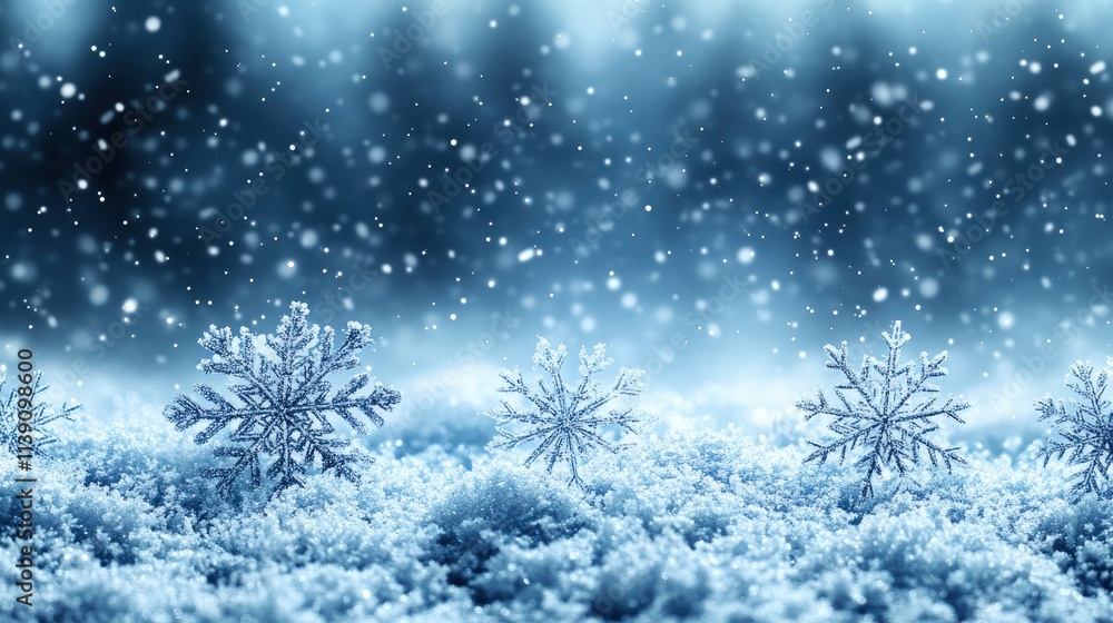 Naklejka premium Delicate snowflakes on a shimmering winter landscape