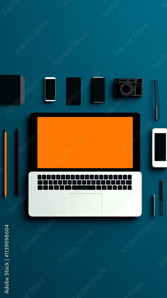 A modern workspace featuring a laptop, mobile devices, a camera, and stationery on a teal background. A modern workspace featuring a laptop, mobile devices, a camera, and stationery on a teal background.