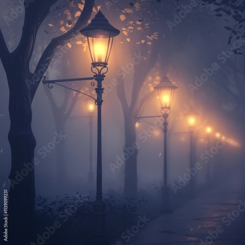 Enchanting moody landscape of a mysterious foggy forest pathway illuminated by glowing lanterns creating a surreal and alluring atmosphere of adventure and