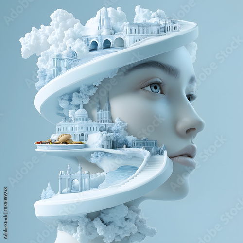 Surreal Winter Portrait with Ice City on Face
 photo