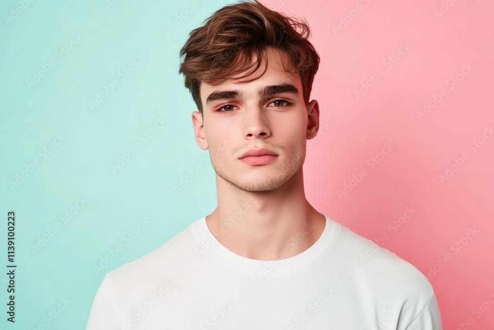 Stylish Young Man Posing Against a Colorful Background in a Casual White T-Shirt Stylish Young Man Posing Against a Colorful Background in a Casual White T-Shirt