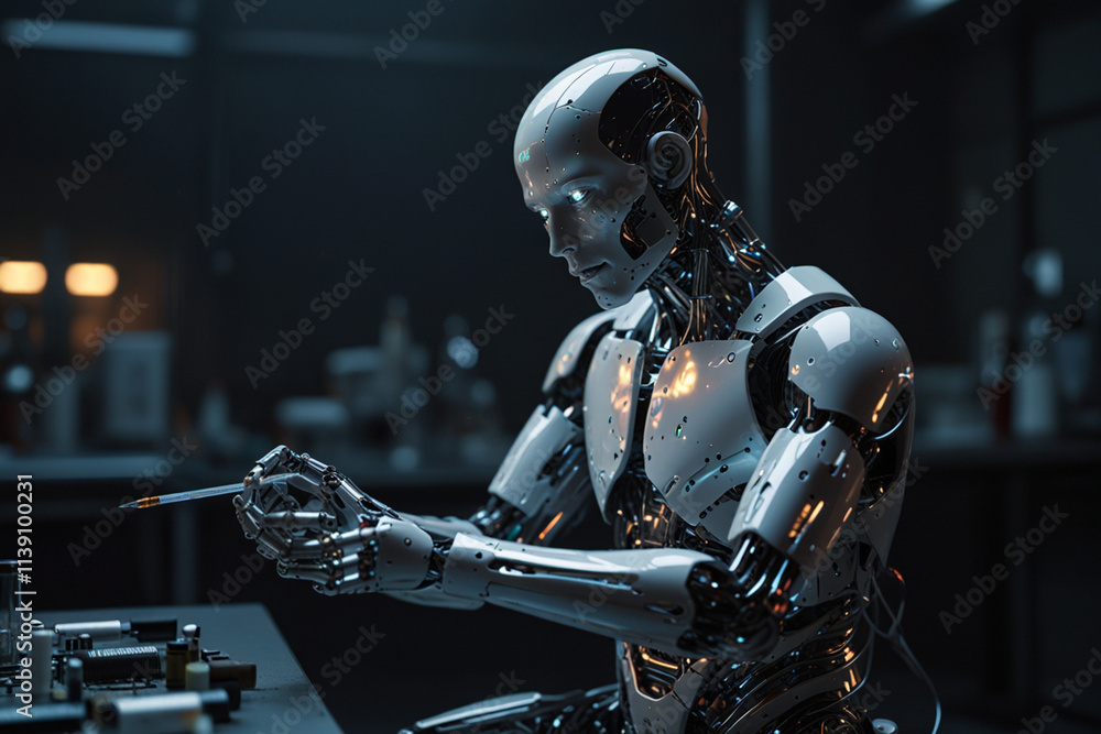 Robot Injecting blood to his body | Technology with health | Robot Technology | In the dark Background Robot Injecting blood to his body | Technology with health | Robot Technology | In the dark Background