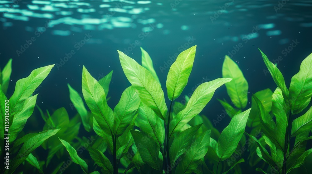 Obraz premium Lush Green Aquatic Plants Underwater in Clear Blue Water