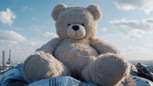 Giant teddy bear sitting on rooftop with city skyline and clouds photo