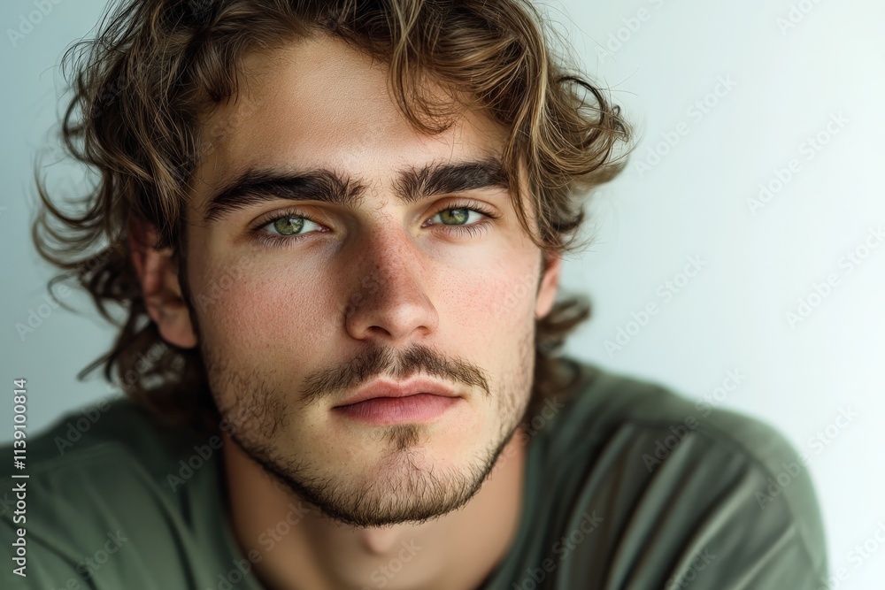 Fototapeta premium Portrait of a Young Man with Curly Hair and Intense Green Eyes