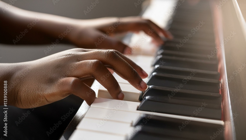 Obraz premium A close-up of hands pressing the piano keys