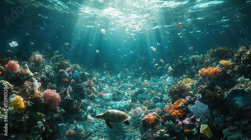 Underwater turtle explores vibrant coral reef filled with ocean debris and sunlight photo