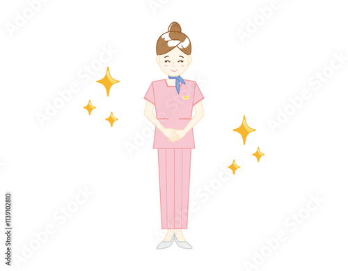パンツスタイルで接客する女性のイラスト　美容アドバイススタッフ