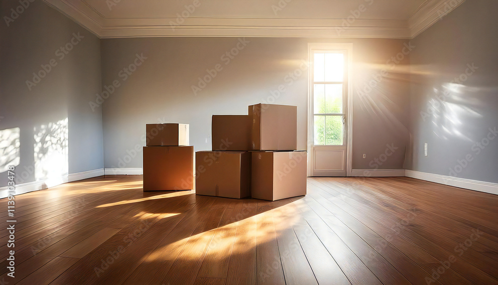 A mountain of cardboard boxes in a beautiful room. A room with light shining through the window and cardboard boxes. A mountain of cardboard boxes in a beautiful room. A room with light shining through the window and cardboard boxes.