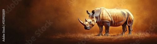 A single, ultra-detailed rhinoceros grazing on dry grass, isolated on a dusty savanna background with soft lighting emphasizing its rugged skin and horn photo