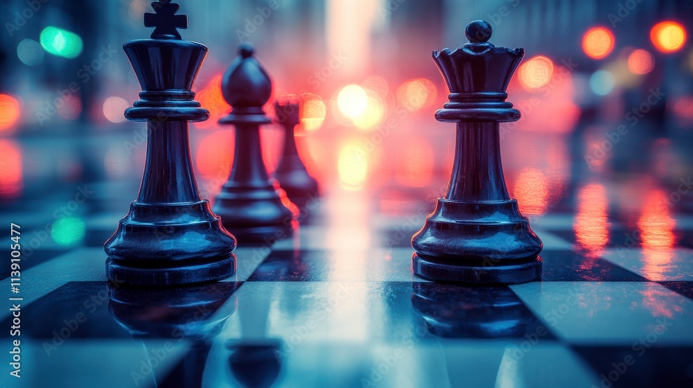 A close-up of chess pieces on a glossy board, with a blurred cityscape in the background. A close-up of chess pieces on a glossy board, with a blurred cityscape in the background.