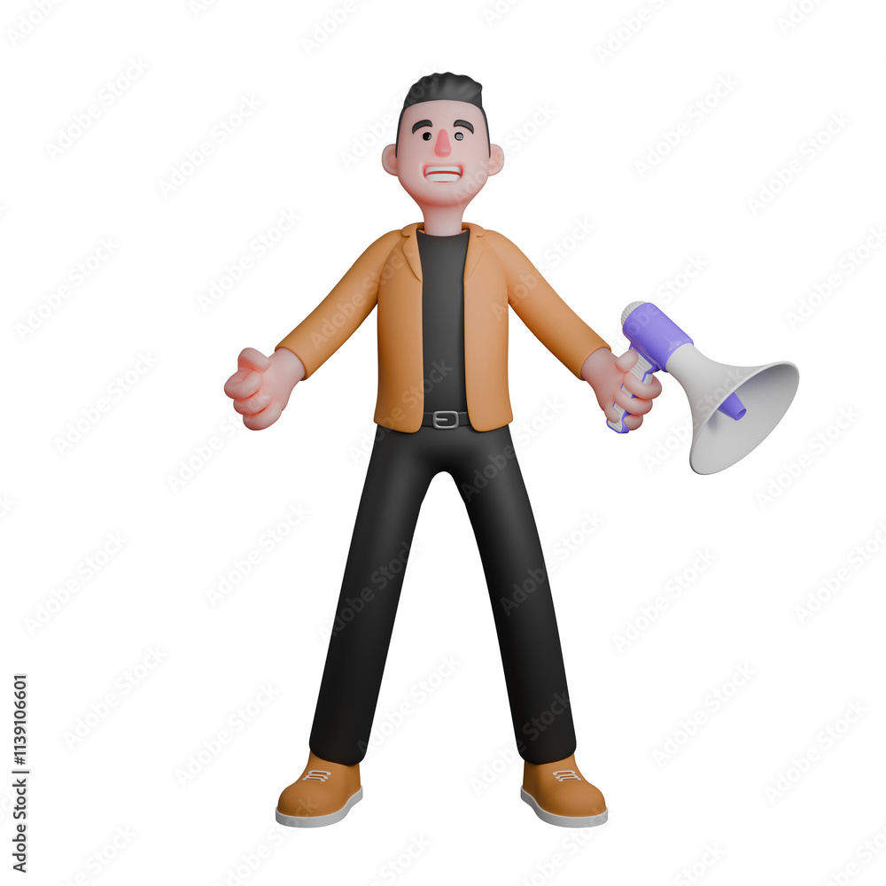 Film Director Cartoon Professional Creative 3D Model. A male director stands holding a loudspeaker in his left hand, and his right hand is clenched. Illustration Design Film Director Cartoon Professional Creative 3D Model. A male director stands holding a loudspeaker in his left hand, and his right hand is clenched. Illustration Design