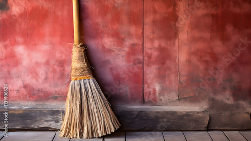 Wallpaper Mural Wooden Broom Resting Against Brightly Painted Wall – A Glimpse Into Traditional Cleaning Methods Torontodigital.ca