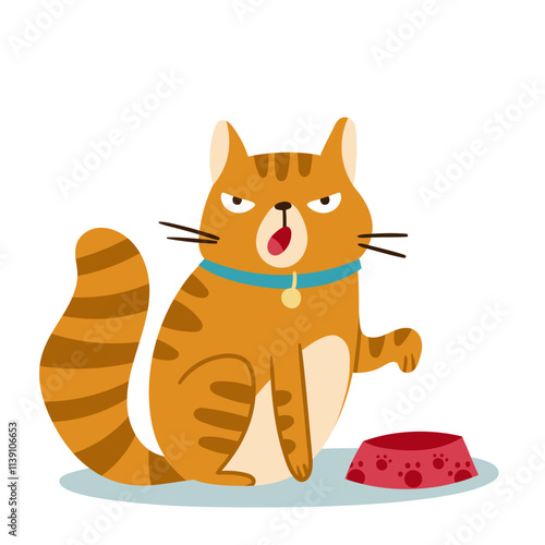 A quirky cartoon cat looking quite annoyed while sitting next to its food bowl, perfect for various petthemed projects