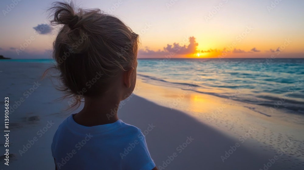 Child Watching Sunset Over Calm Ocean Waves on Tropical Beach, Serenity, Nature's Beauty, Summer Vibes, Peaceful Atmosphere, Family Bonding, Relaxing Moment Child Watching Sunset Over Calm Ocean Waves on Tropical Beach, Serenity, Nature's Beauty, Summer Vibes, Peaceful Atmosphere, Family Bonding, Relaxing Moment