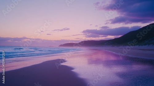 Wallpaper Mural Serene Sunset at the Beach with Gentle Waves and Tranquil Reflections on Shimmering Sand Amidst Colorful Skies and Soft Rolling Hills in the Background Torontodigital.ca