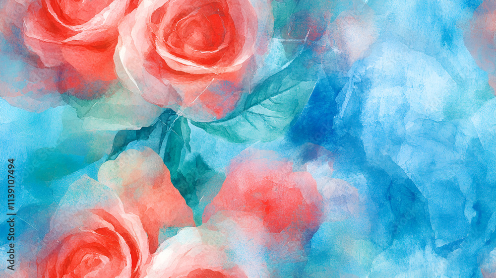 Obraz premium Watercolor Roses Abstract Blue Background Painting