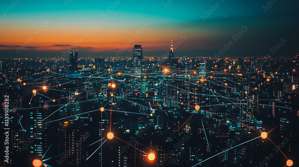 Smart digital Innovation city with connection network reciprocity over the cityscape. of future smart wireless city and social media networking systems that connects business people with in city Smart digital Innovation city with connection network reciprocity over the cityscape. of future smart wireless city and social media networking systems that connects business people with in city