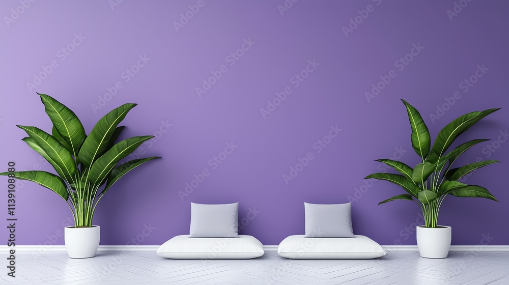 Fototapeta premium A serene interior featuring two white cushions and vibrant green plants against a calming purple wall.