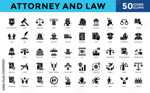 Attorney and Law icons set with law enforcement, gavel, justice scale, pillars, freedom, stamp, courtroom, footprint, handcuff, research icon. Simple glyph vector 
