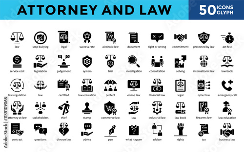 Attorney and Law icons set with law, stop bullying, egal, success rate, alcoholic law, document, right or wrong, commitment, protected by law, act fast icon. Simple glyph vector 
