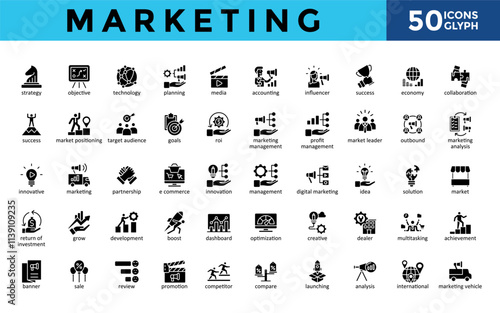 Marketing icons set with strategy, objective, technology, planning, media, accounting, influencer, success, economy, collaboration icon. Simple glyph vector 
