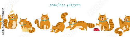 This delightful seamless pattern showcases adorable ginger cats depicted in a variety of playful poses and antics