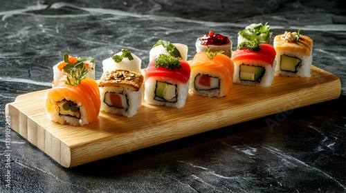 una mesa con una tabla de madera como plato con un delicioso rollo de sushi preparado con mariscos y verduras listo para comer comida oriental tradicional de japon photo