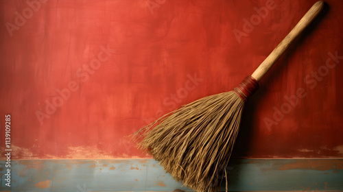 Wallpaper Mural Wooden Broom Resting Against Brightly Painted Wall – A Glimpse Into Traditional Cleaning Methods Torontodigital.ca